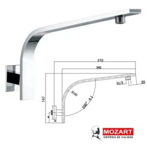 Brazo p/lluvia rectangular 42cm curvo alto c/roseta cuadrada acero inoxidable  [UM 1u | 80u]